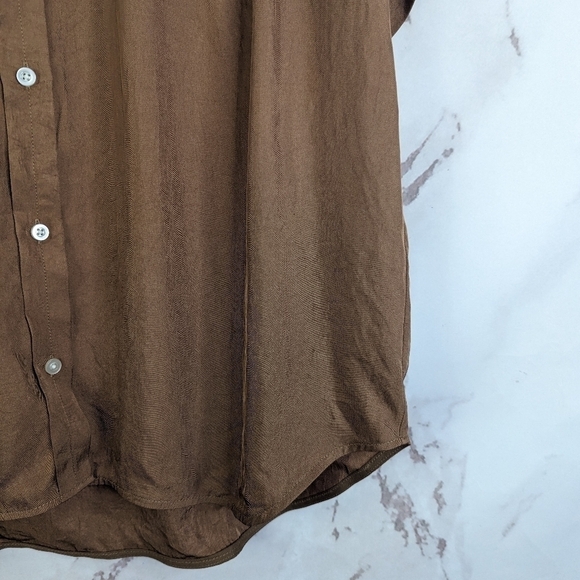 Everlane Shirt 00 2XS Women Brown Coco Button Up Short Sleeve Japanese Go Weave - Picture 7 of 16